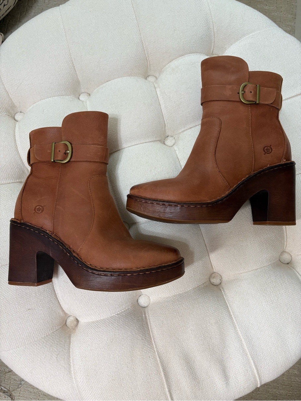 Born Hailey Platform Bootie Brown Leather Ankle Boots with Buckle